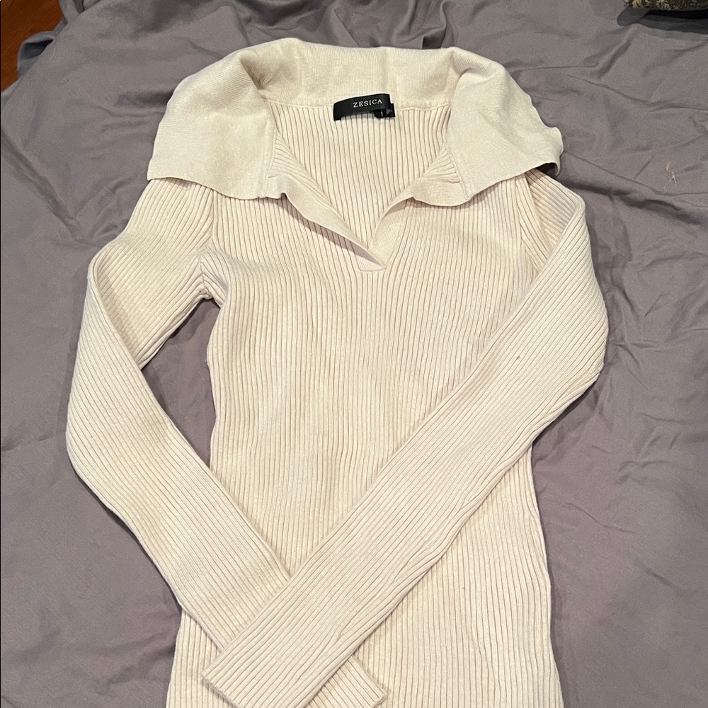 Cream Ribbed Women Sweater